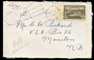 ?MILL BANK, N.B. Keyhole Registration handstamp & split ring 1947 cover Canada