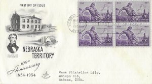 1954 FDC, #1060, 3c Nebraska Territory, Art Craft, block of 4