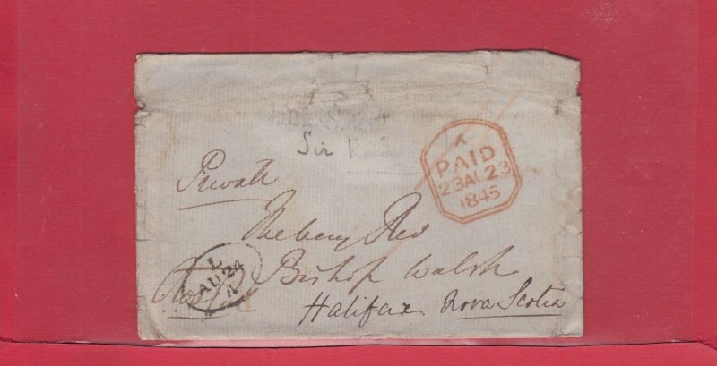 Trans-Atlantic Stampless PAID 1845 cover to Halifax Nova Scotia Canada