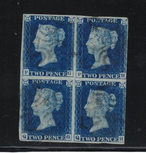 Great Britain #2 (SG #5) Very Fine Used Rare block Plate 2 Lettered PG / QH