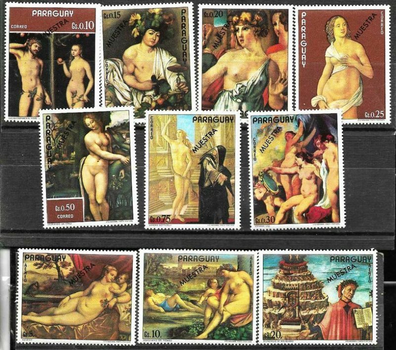 PARAGUAY 1973 PAINTINGS FIRENZE MUSEUM SPECIMEN MUESTRA VARIETY Mi 2399-08 MNH