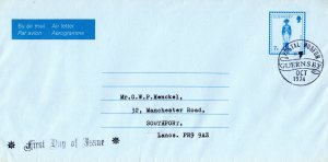 Guernsey 1974 AEROGRAMME 7p FDC Postal Museum send to Lancs,U.K.