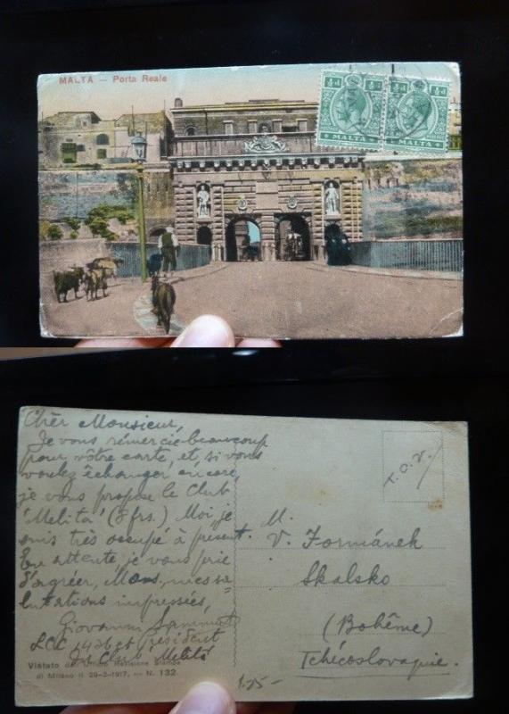 Malta KGV 1/2d x 2 on Porta Reale PPC to Czechoslovakia  (42bet)