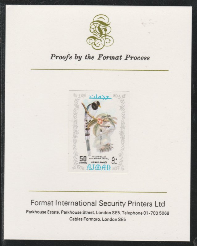 AJMAN 1971 EXOTIC BIRDS - MAGPIE  imperf on FORMAT INTERNATIONAL PROOF CARD