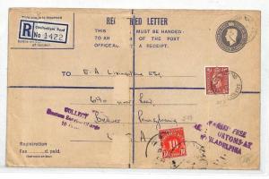 GB GLOS 1954 Registered KGVI Stationery Transatlantic Cover USA Postage Due EE49