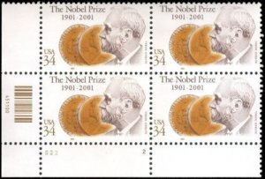 2001 Alfred Nobel Plate Block of 4 34c Postage Stamps, Sc# 3504, MNH, OG