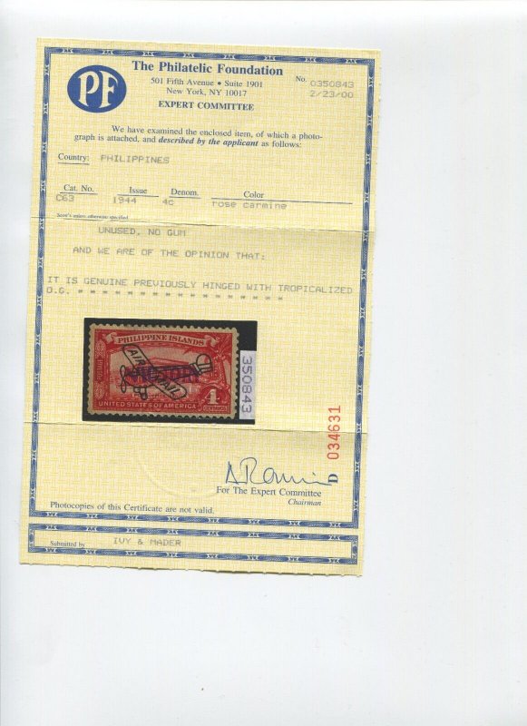 Philippines C63 Victory Overprint RARE Mint Stamp with PF Cert (Bz 862)