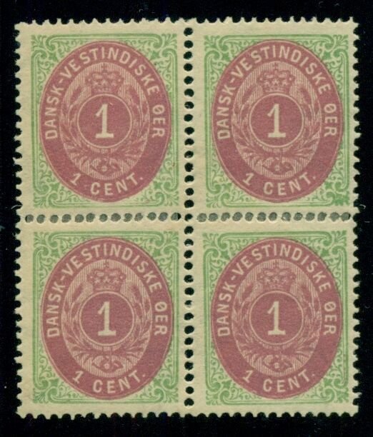 DANISH WEST INDIES #5 (5f) 1¢ bicolor, pr. VI, Block of 4, og, LH, Facit $205.00