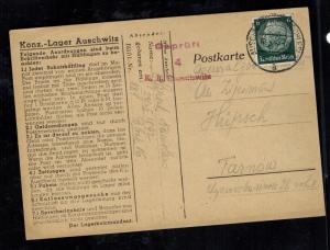 1942 Germany Auschwitz Concentration Camp postcard Cover Tarnow Kamislaw Kupsch 