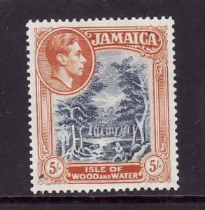 Jamaica-Sc#127b-Unused hinged KGVI 5sh ochre & bl -1950-