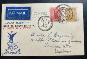 1929 Karachi India First Flight Airmail Postcard cover FFC To London England