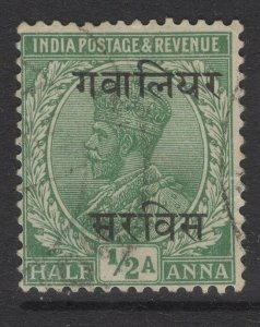 INDIA-GWALIOR SGO62 1927 ½a GREEN USED