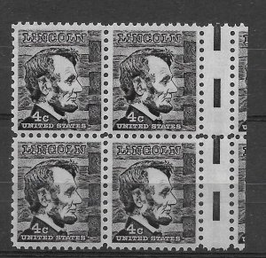 MNH GUTTER SNIPE Block of 4, Scott #1282 4c Lincoln/ Pane MIscut Horizontally