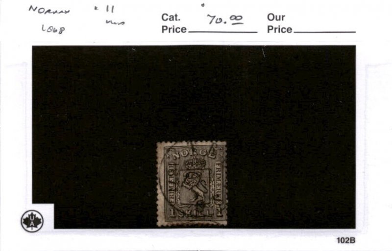 Norway, Postage Stamp, #11 Used, 1868 Lion Seal (AB)