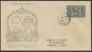 1939 #246 1c Royal Visit FDC Green/Beige Miss WR Smith Cachet Toronto Terminal A