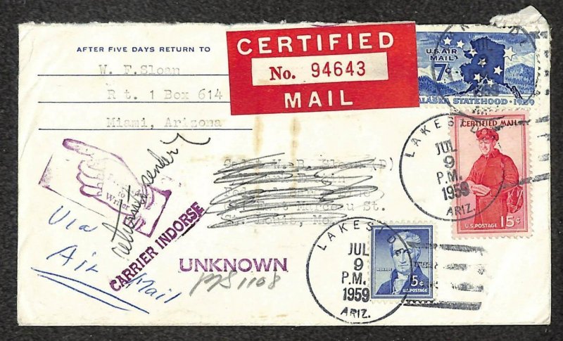 USA #1038 C53 & FA1 STAMPS LAKESIDE ARIZONA CERTIFIED MAIL RETURN COVER 1959 