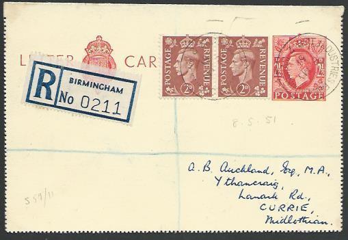 GB 1951 Registered lettercard BRIT INDUSTRIES FAIR BIRMINGHAM cds..........88746