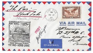 The Pas to Herb Lake, Manitoba Canada 1937 First Flight Cover Sc C5 Pilot Signed