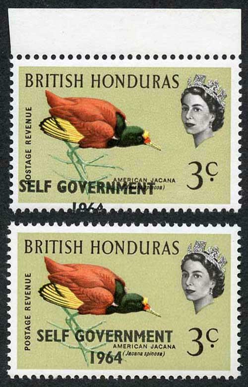 British Honduras SG218 3c with Self Government 1964 Overprint MISPLACED U/M