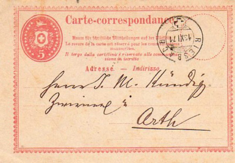 SWITZERLAND Vintage Postcard Arth to Reisbach c. 1871