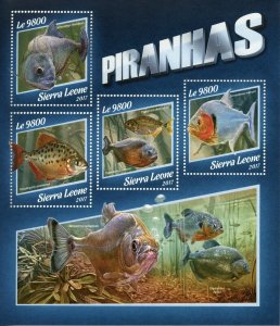 Sierra Leone Fish Stamps 2017 MNH Piranhas Piranha Fishes Fauna 4v M/S