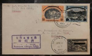 1943 Manila Philippines Japan Occupation First Day Censored Cover #N2 6 7 FDC D