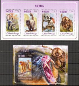 Sao Tome and Principe 2014 Monkeys sheet + S/S MNH