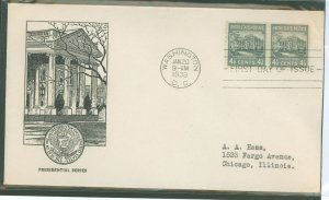 US 844 1939 45c White House (presidential/prexy series) coil pair on an addressed (typed) first day cover with a Sudduth cachet.