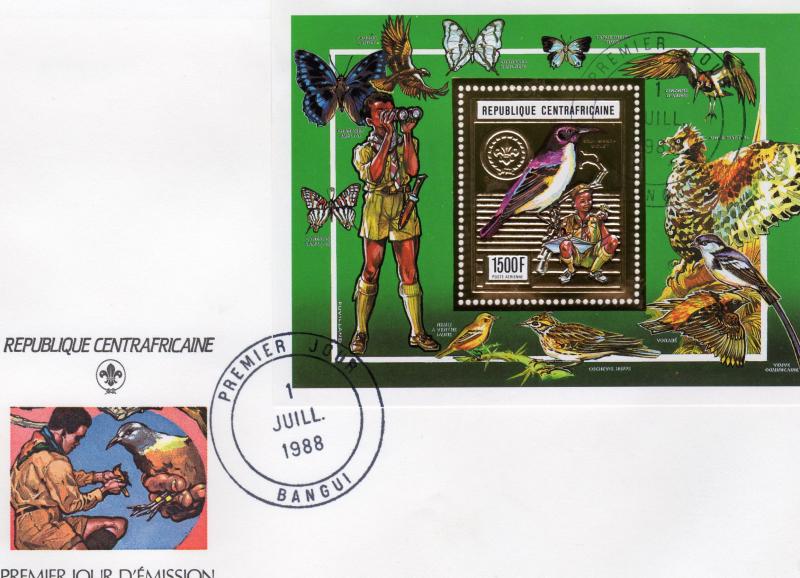 Central African Republic 1988 Scouts/Birds/Butterflies Perforated Gold Foil FDC