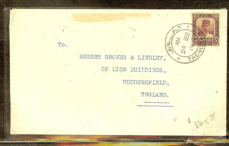 MALAYA TRENGGANU (P1312B) 3C+1C 1929 JAWI CANCEL TRENGGANU VIA SINGAPORE TO ENGL