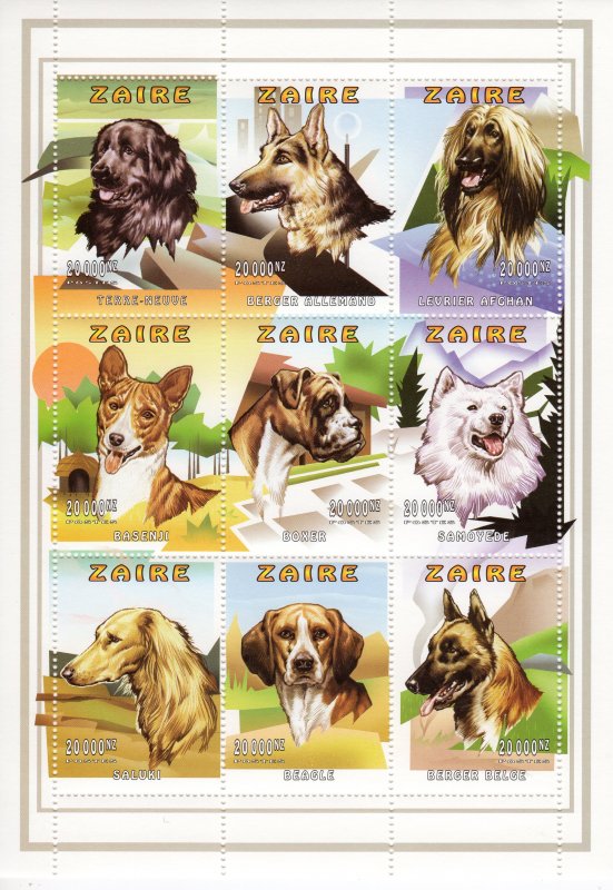 Zaire 1997 Mi#1294/1302A   Dogs of the World Sheetlet (9) Perforated MNH