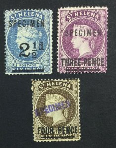 MOMEN: ST HELENA SG #40s,42s,43cs SPECIMEN 1884-94 MINT OG H LOT #225508-5127