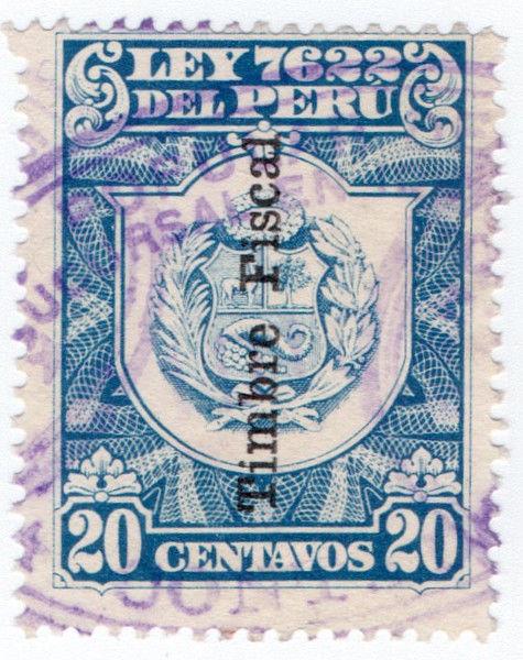 (I.B) Peru Revenue : Duty Stamp 20c (overprint)