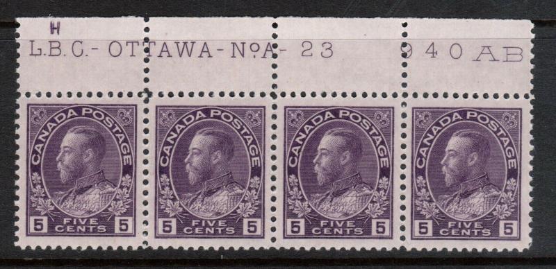 Canada #112 Extra Fine Never Hinged Plate #23 Strip Of Four