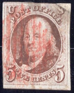 1847 5c red brown on bluish paper Ben  Franklin SC1