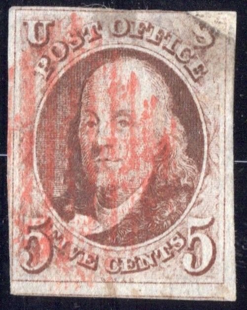 1847 5c red brown on bluish paper Ben  Franklin SC1