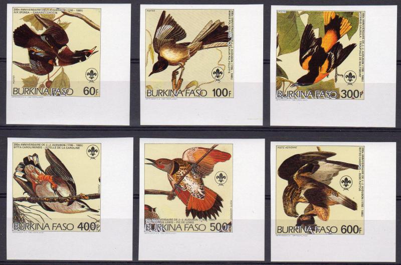 Burkina Faso 1985 Mi#1028B/1033B AUDUBON BIRDS/SCOUT Set (6) IMPERFORATED MNH