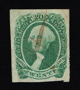 GENUINE CONFEDERATE CSA SCOTT #13 USED GREEN 20¢ ARCHER & DALY 1863 ENGRAVED