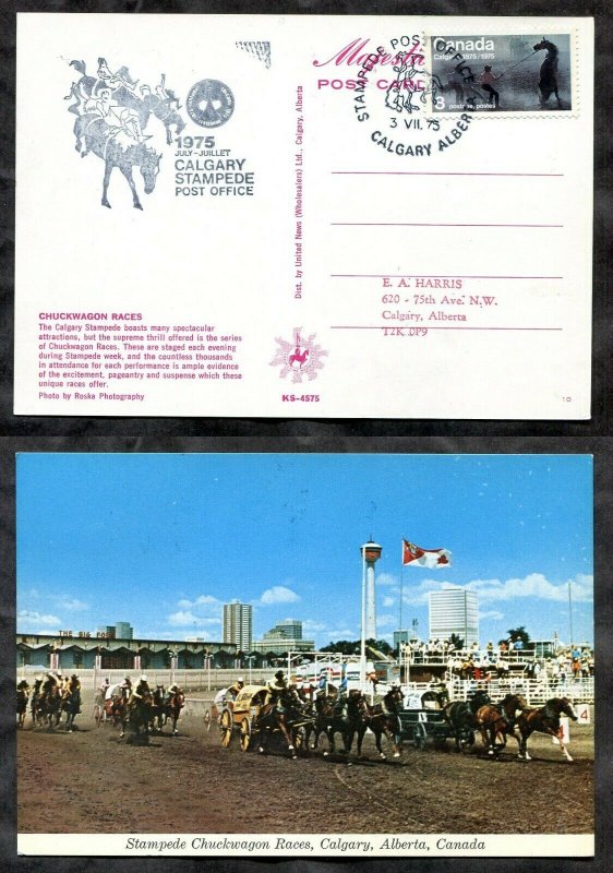 p149 - Canada CALGARY STAMPEDE 1975 Special PO Cachet on old Postcard. Race