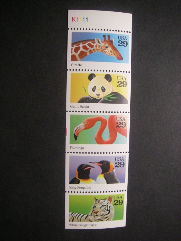 Scott 2709a, 29c Wild Animals, UNFOLDED Pane of 5, #K1111, cut mark left, MNH