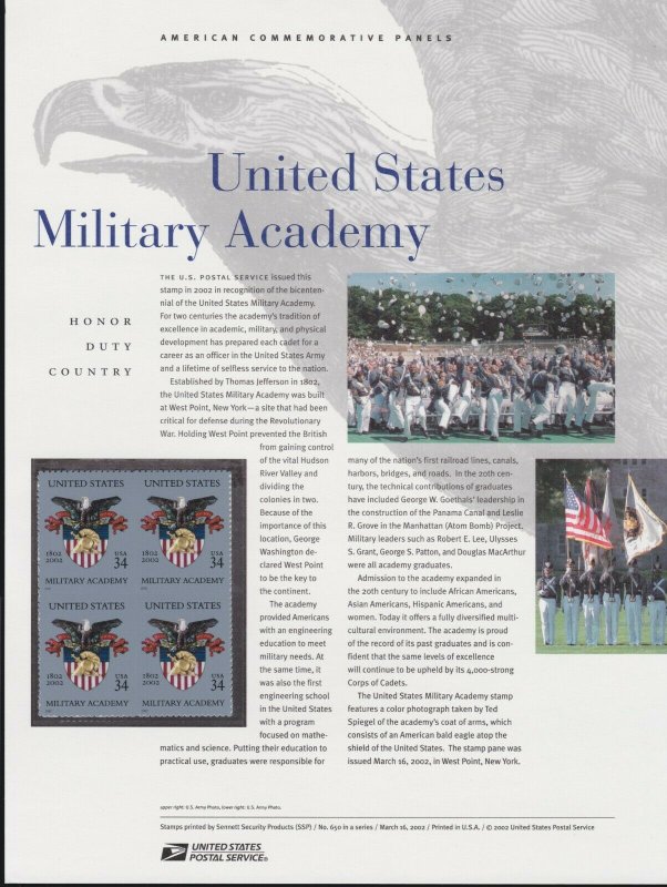 US # 650 37c United States Military Academy 3560 USPS Commemorative Stamp Panel