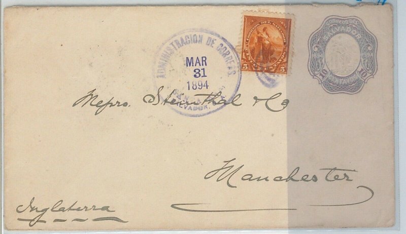 51067 -  EL SALVADOR -  POSTAL HISTORY:  STATIONERY COVER to MANCHESTER 1894
