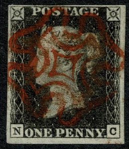 GB 1d Black. Plate 1b NC. Four margins cancelled by complete red Maltese Cr...