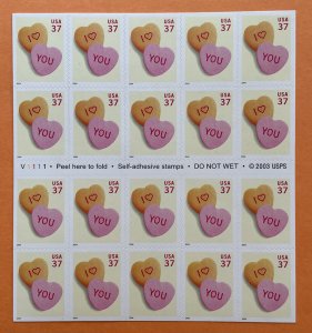 Scott 3833 LOVE CANDY HEARTS Pane of 20 US 37¢ Stamps MNH 2004