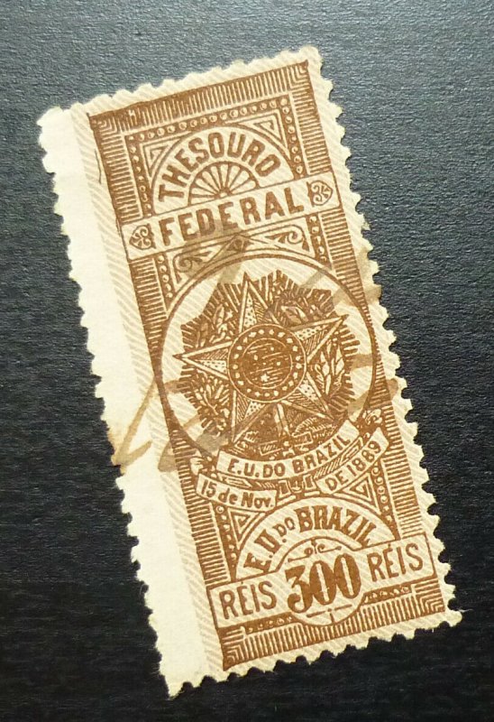 Brazil Brasil Revenue Stamp 300 Reis - Federal Treasury B2