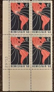 US Scott # 1340; 6c Hemisphere from 1968; MNH, og; VF; plate block of 4;