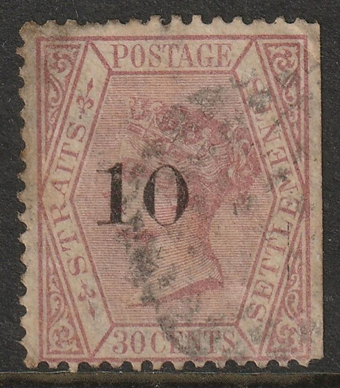 MALAYA Straits Settlements 1880 QV 10c opt 30c used SG#33 MA1221