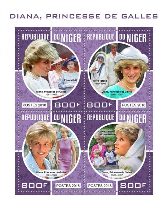 NIGER - 2018 - Princess Diana - Perf 4v Sheet - Mint Never Hinged
