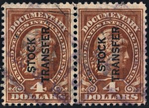 RD15 $4.00 Stock Transfer Stamp Pair (1918) Used