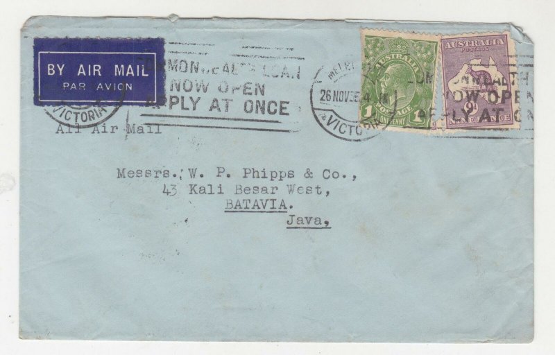 AUSTRALIA, 1936 Airmail cover, Melbourne to Neth. East Indies, KGV 1d., 9d. Roo.